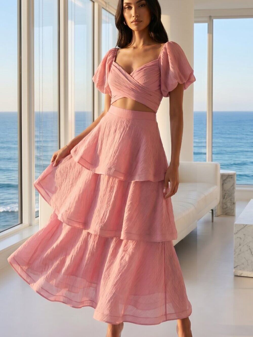 NWT REVOLVE Australia Showpo Giselle Blush Pink Tiered Midi dress US 2